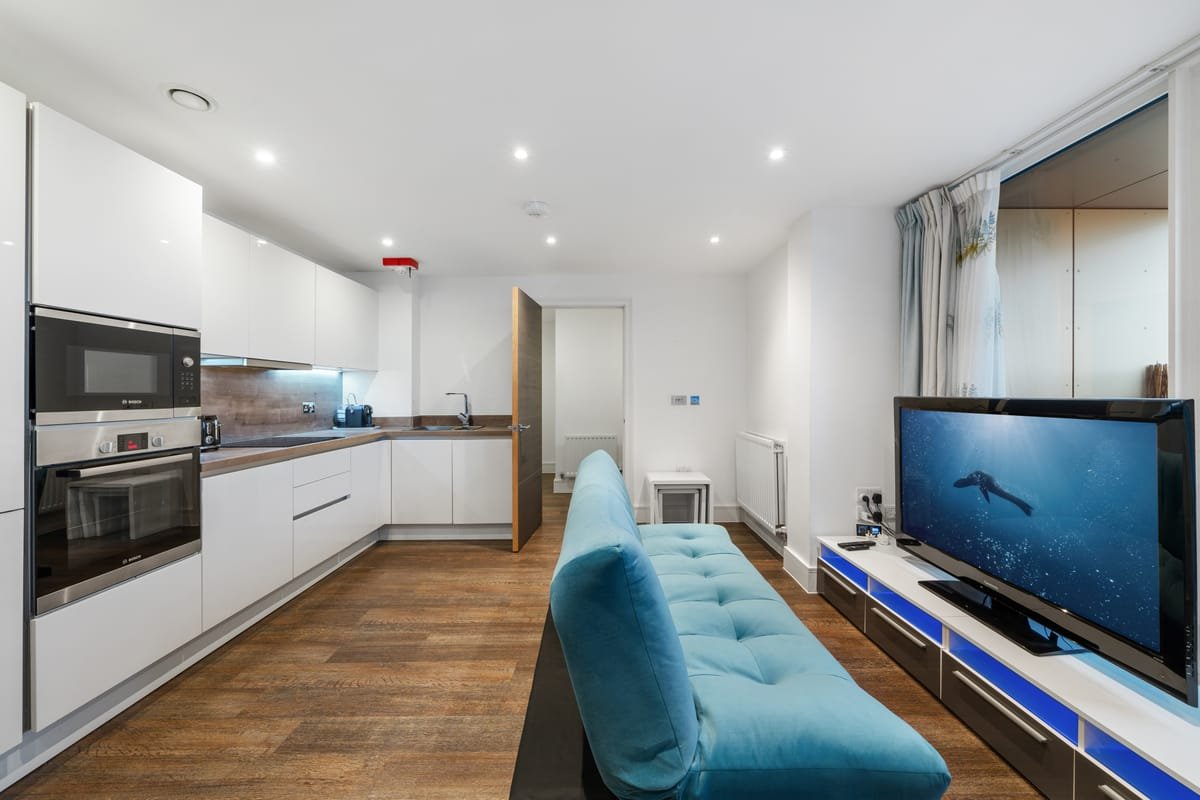 Riverside 1BR - living room & kitchen